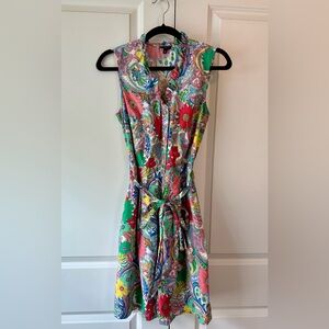 Talbots Floral Sleeveless Ruffle Collar Button Down Tie Waist Dress (Size 10P)
